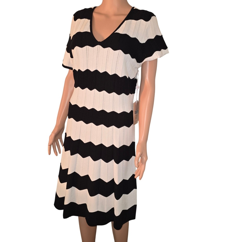 Devotion by Cyrus Womens Black White Chevron Knit Dress Size L NEW NWT $129